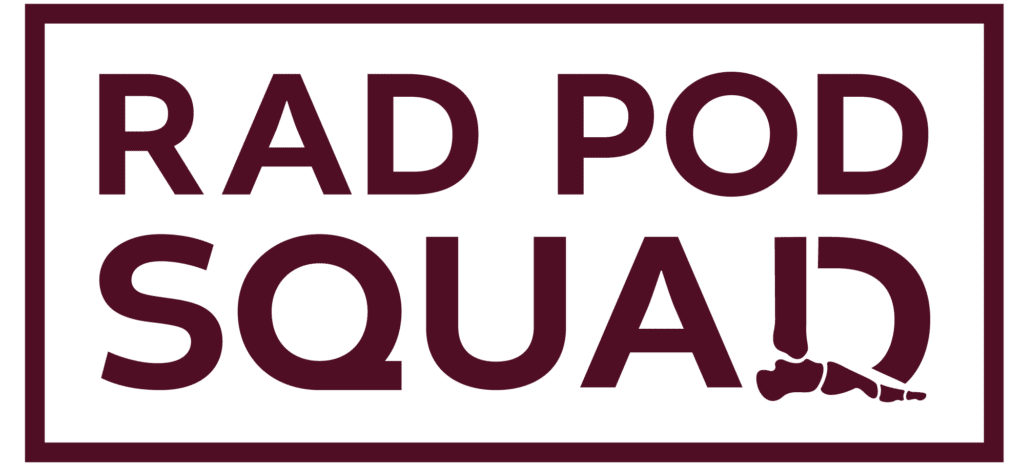 Rad Pod Squad podiatry mri imaging logo - text in a rectangle with a scan of foot bones.
